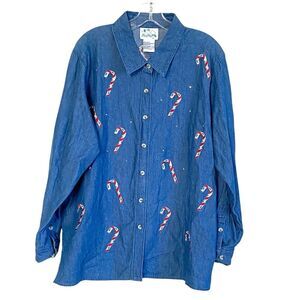 The Quacker Factory Vintage 90s Embroidered Candy Cane Crystal Denim Shirt Sz L